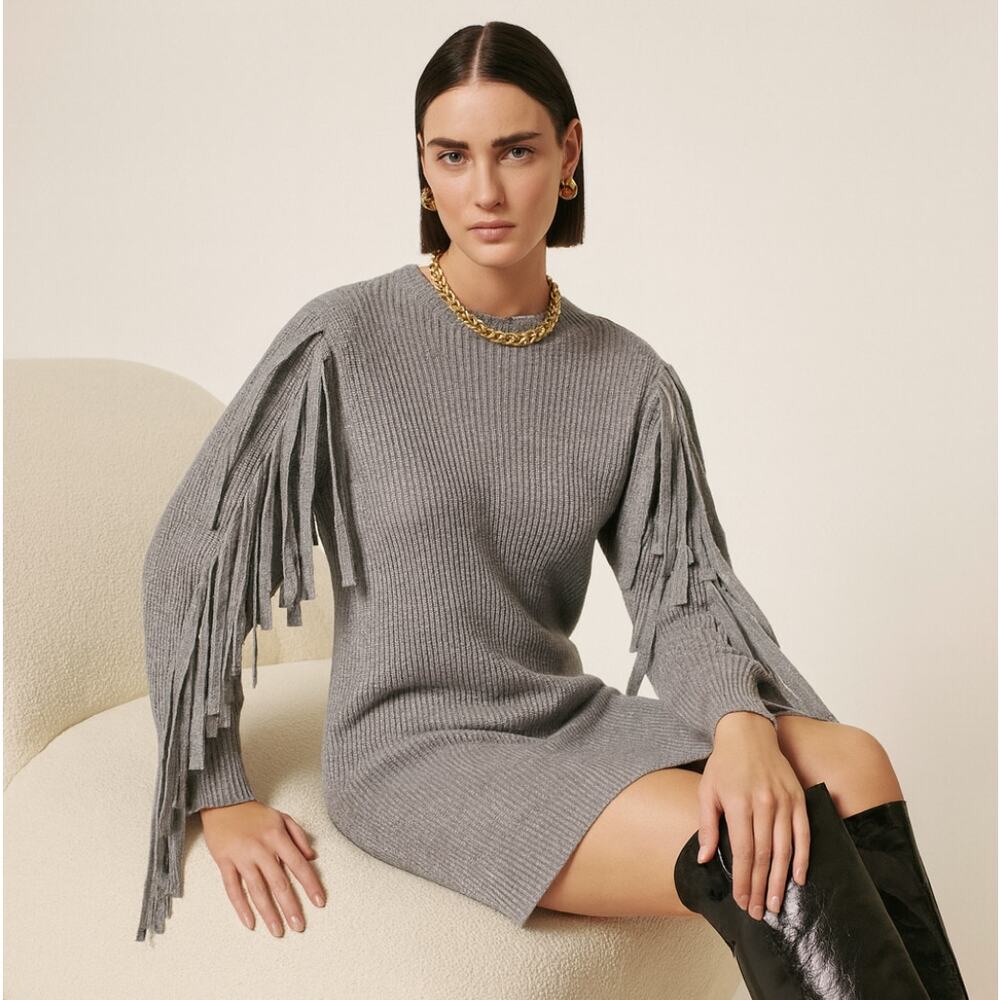 TED BAKER Friidah Fringe Sleeve Knit Sweater Dress Gray Sz 5/XL $295 {SS39}